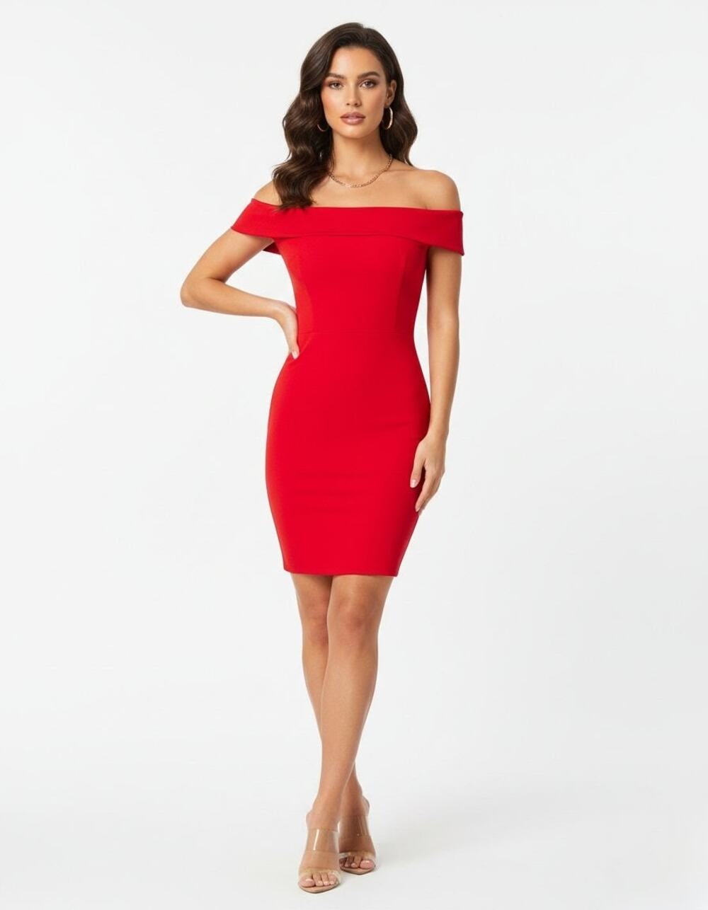 Halston Heritage Smooth Operator Sheath Off the Shoulder Dress in Lipstick Red S